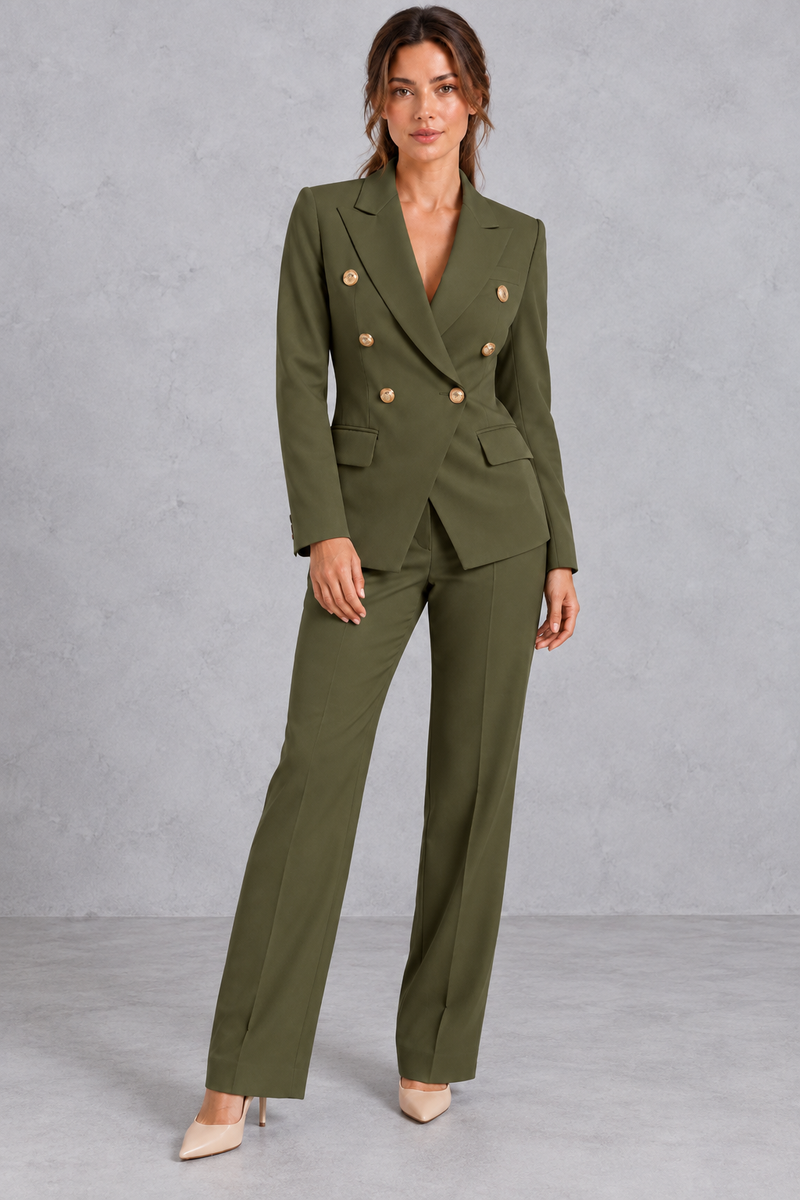 Women's double-breasted blazer and trousers set in Olive – front view
