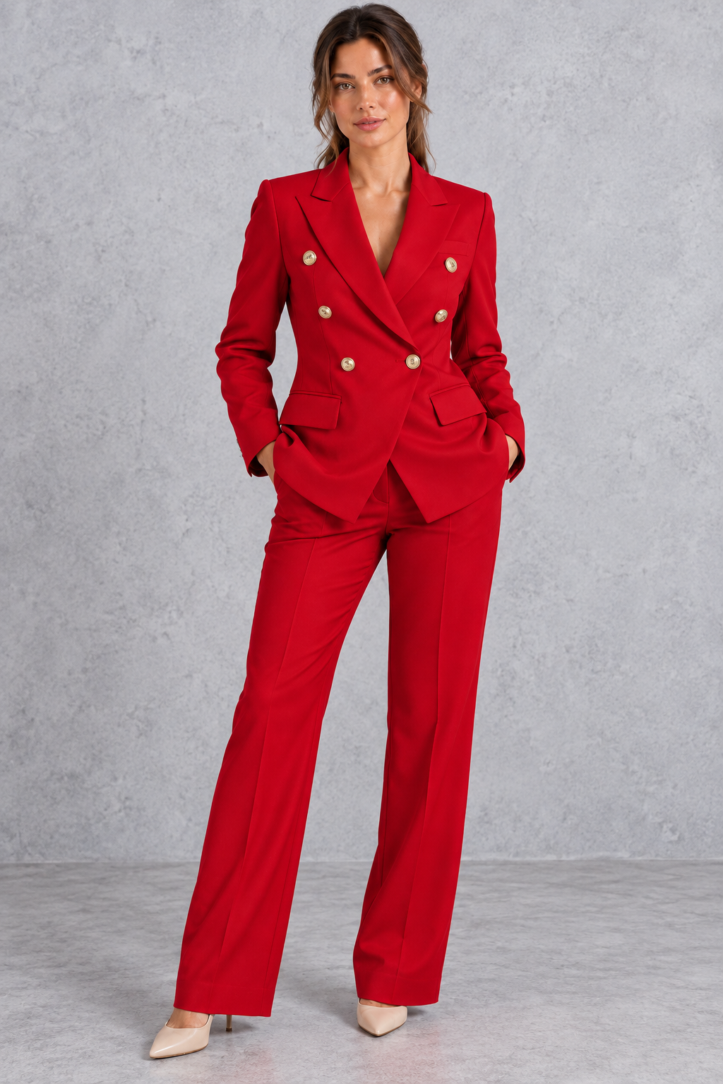 Women's double-breasted blazer and trousers set in Red – front view