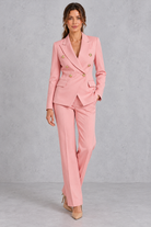 Women's double-breasted blazer and trousers set in Coral Pink – front view