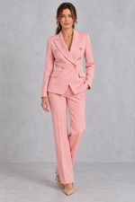Women's double-breasted blazer and trousers set in Coral Pink – front view