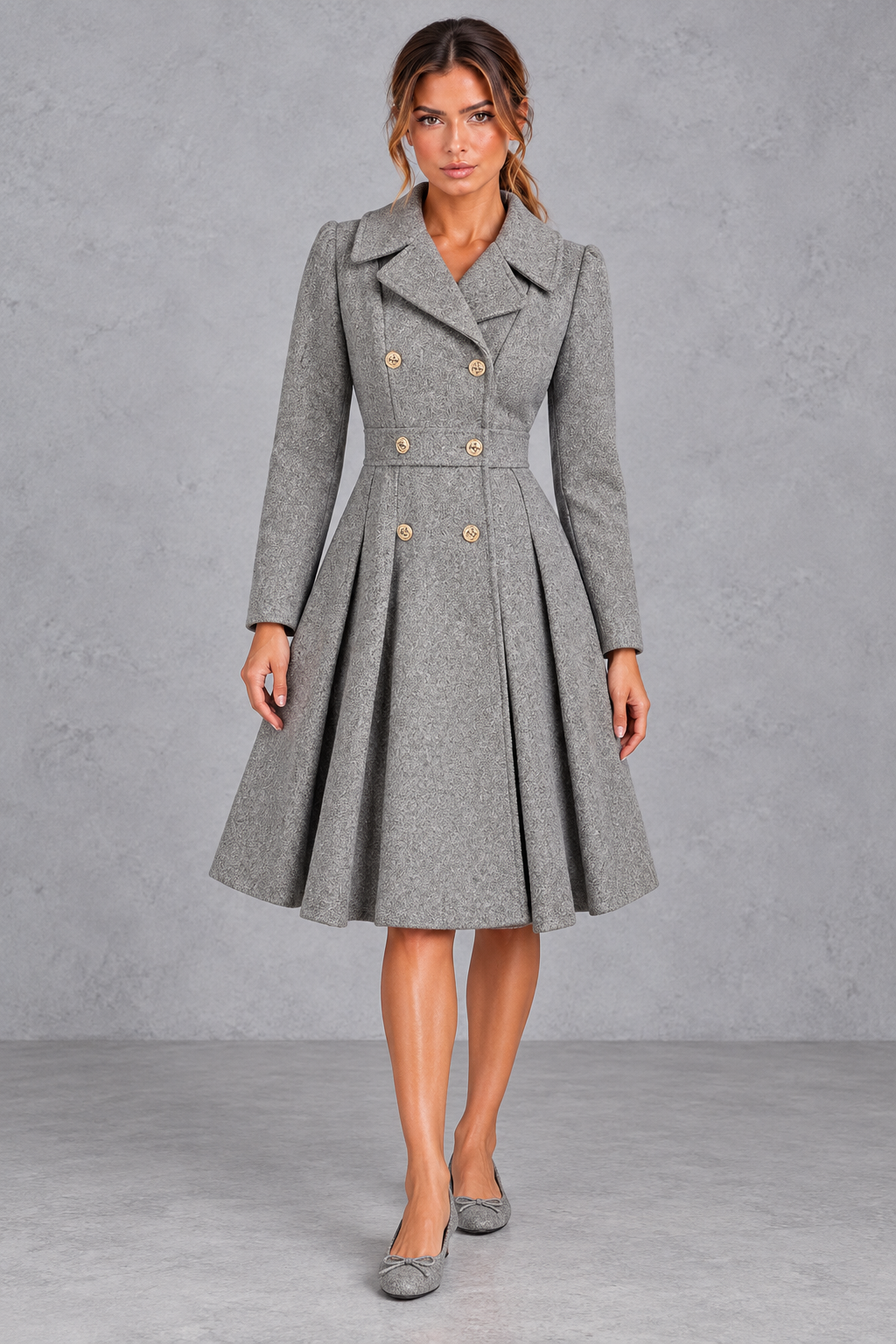 Women's Double-Breasted Fit-and-Flare Coat – Grey