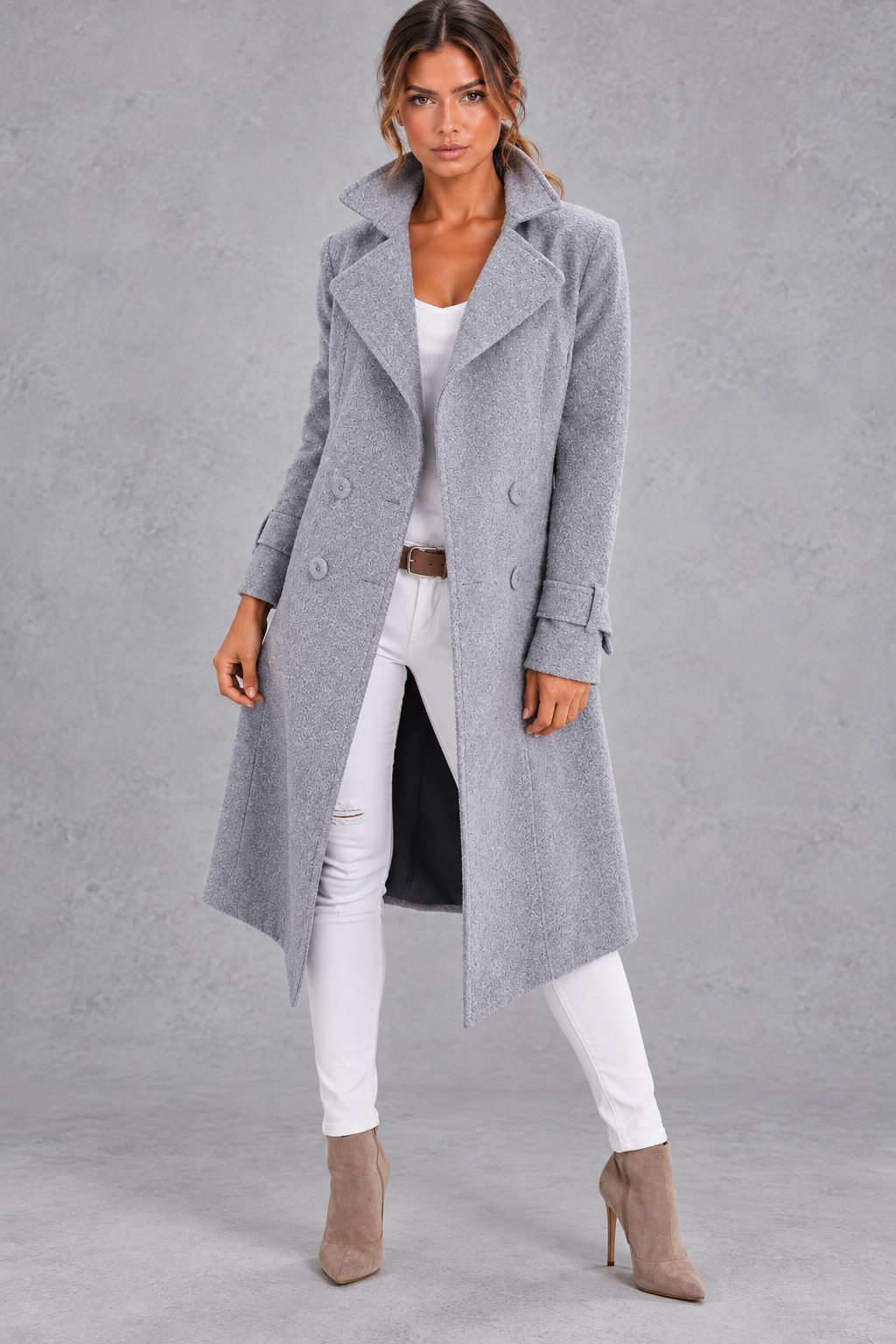 Women's Double-Breasted Long Coat – Notched Lapels & A-Line Silhouette – Grey – front view