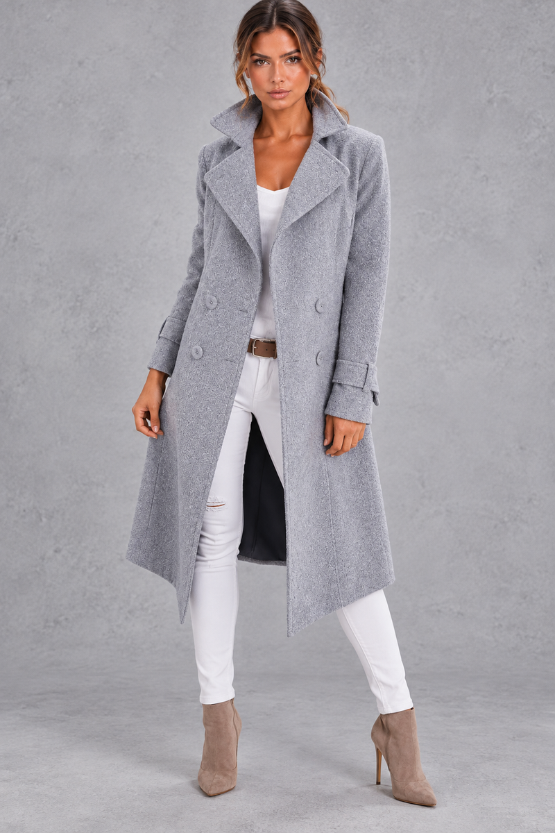 Women's Double-Breasted Long Coat – Notched Lapels & A-Line Silhouette – Grey – front view