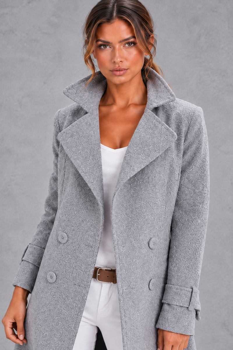 Women's Double-Breasted Long Coat – Notched Lapels & A-Line Silhouette – Grey – detail view