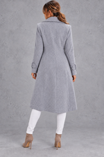 Women's Double-Breasted Long Coat – Notched Lapels & A-Line Silhouette – Grey – back view