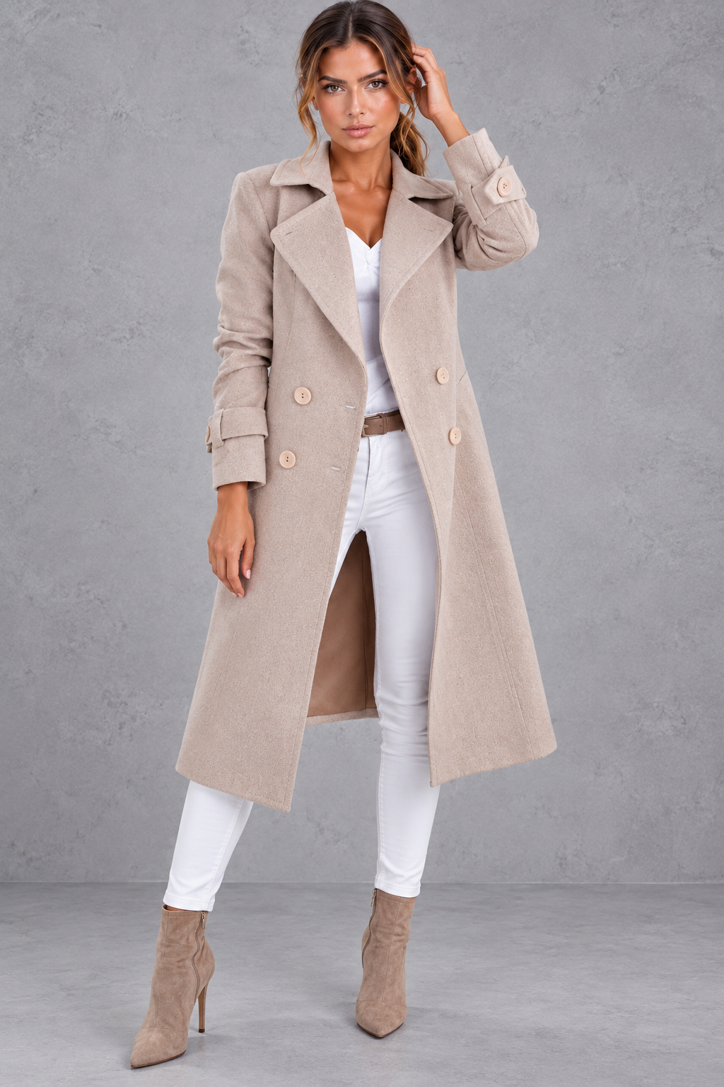 Women's Double-Breasted Long Coat – Notched Lapels & A-Line Silhouette – Beige – front view