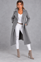 Women's Double-Breasted Long Coat – Notched Lapels & A-Line Silhouette – Dark Grey – front view