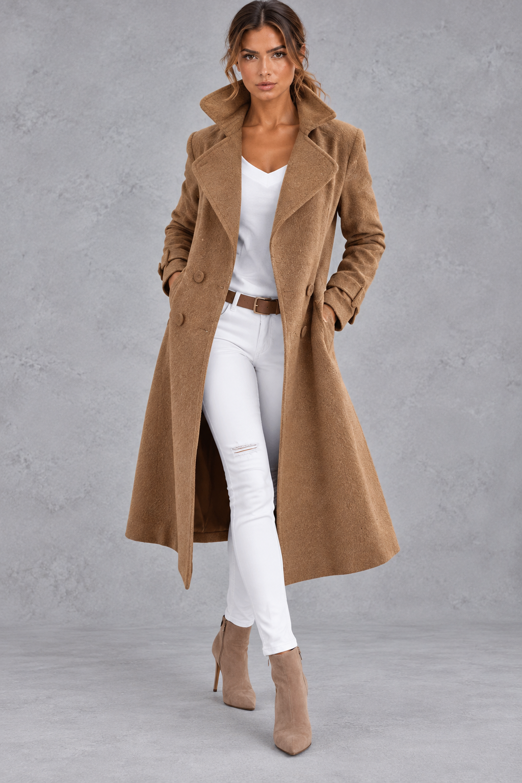 Women's Double-Breasted Long Coat – Notched Lapels & A-Line Silhouette – Camel – front view