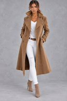Women's Double-Breasted Long Coat – Notched Lapels & A-Line Silhouette – Camel – front view