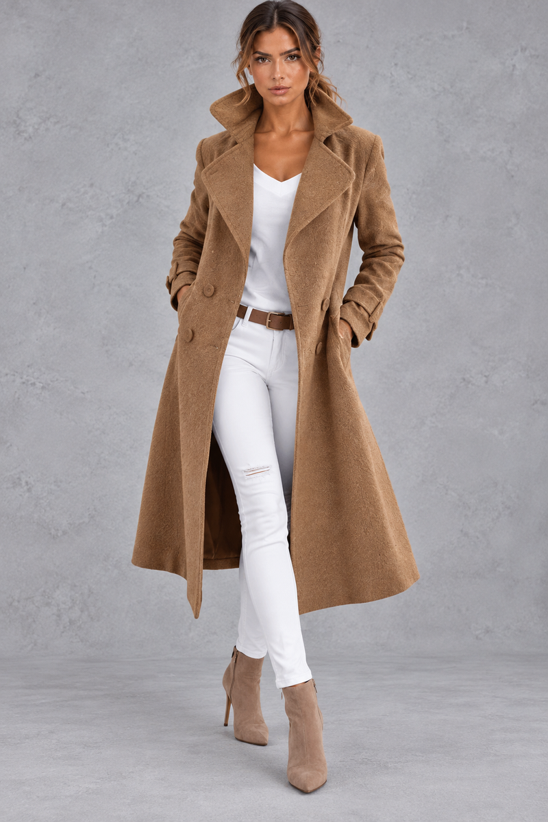 Women's Double-Breasted Long Coat – Notched Lapels & A-Line Silhouette – Camel – front view