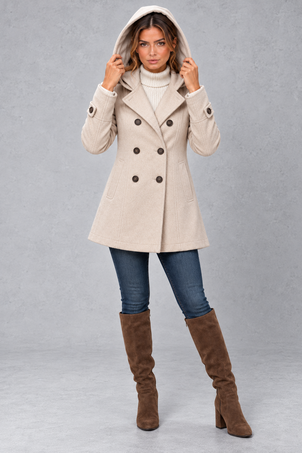 Women's Double-Breasted Pea Coat in Beige – hood up
