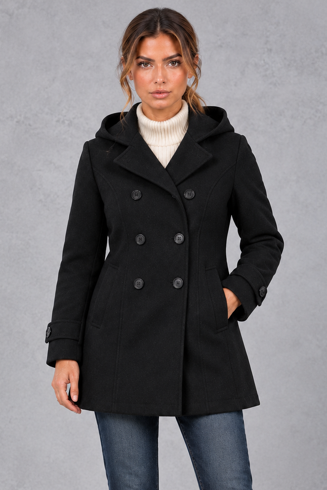Women's Double-Breasted Pea Coat in Black – front view