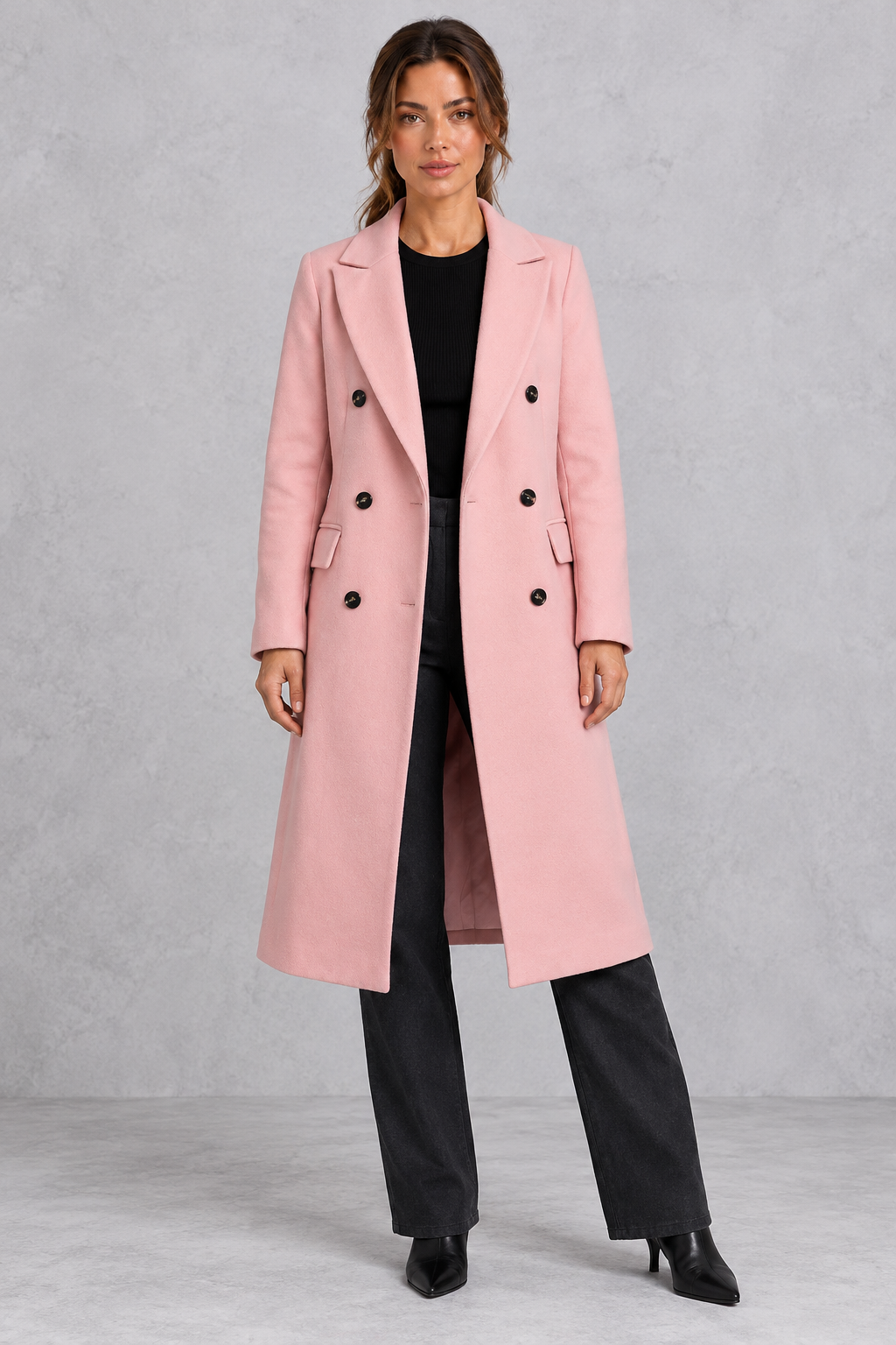 Women's double-breasted longline coat in Pink – front view