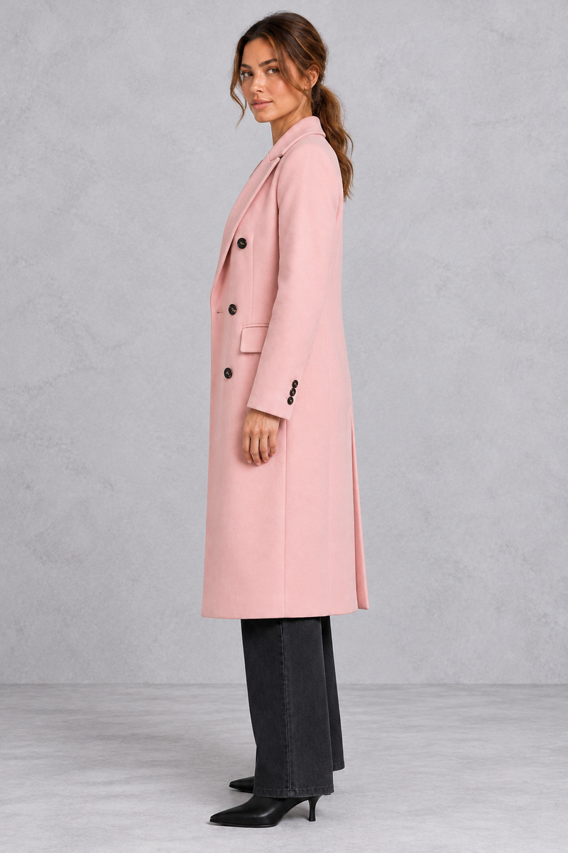 Women's double-breasted longline coat in Pink – side view