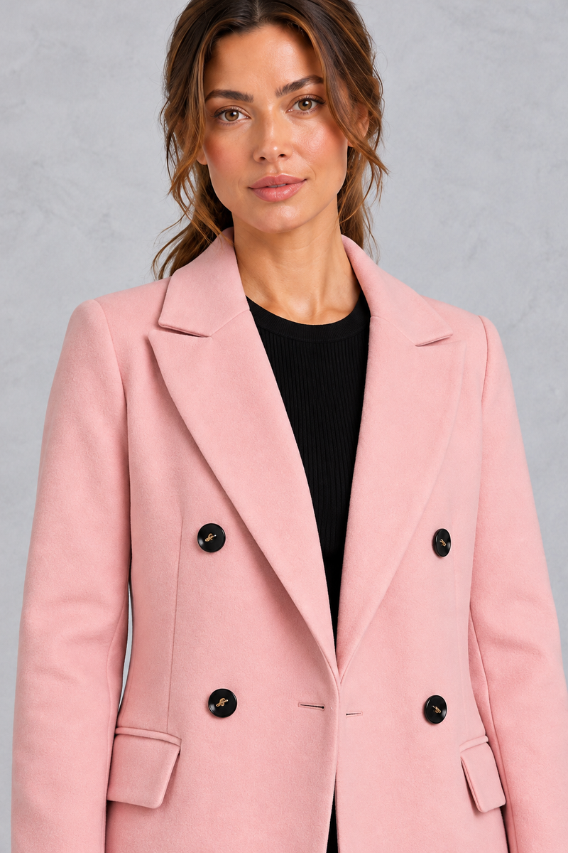 Women's double-breasted longline coat in Pink – close-up view