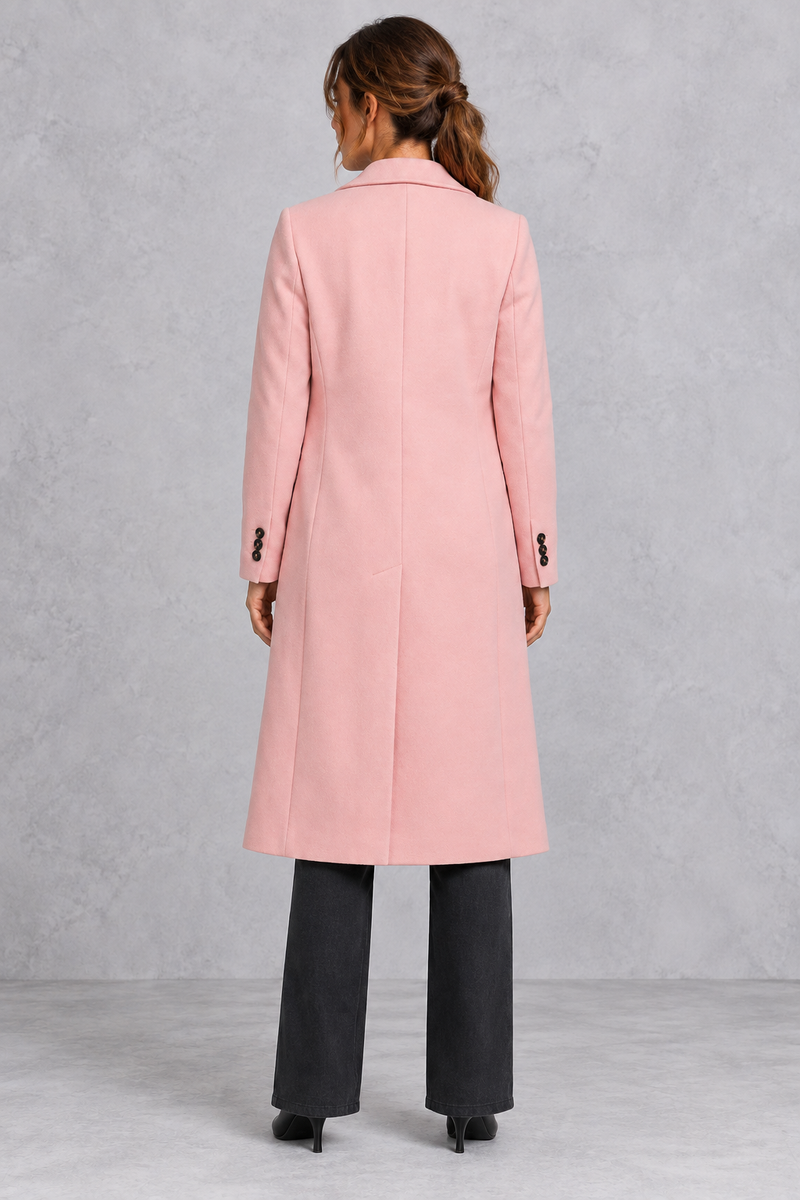 Women's double-breasted longline coat in Pink – back view
