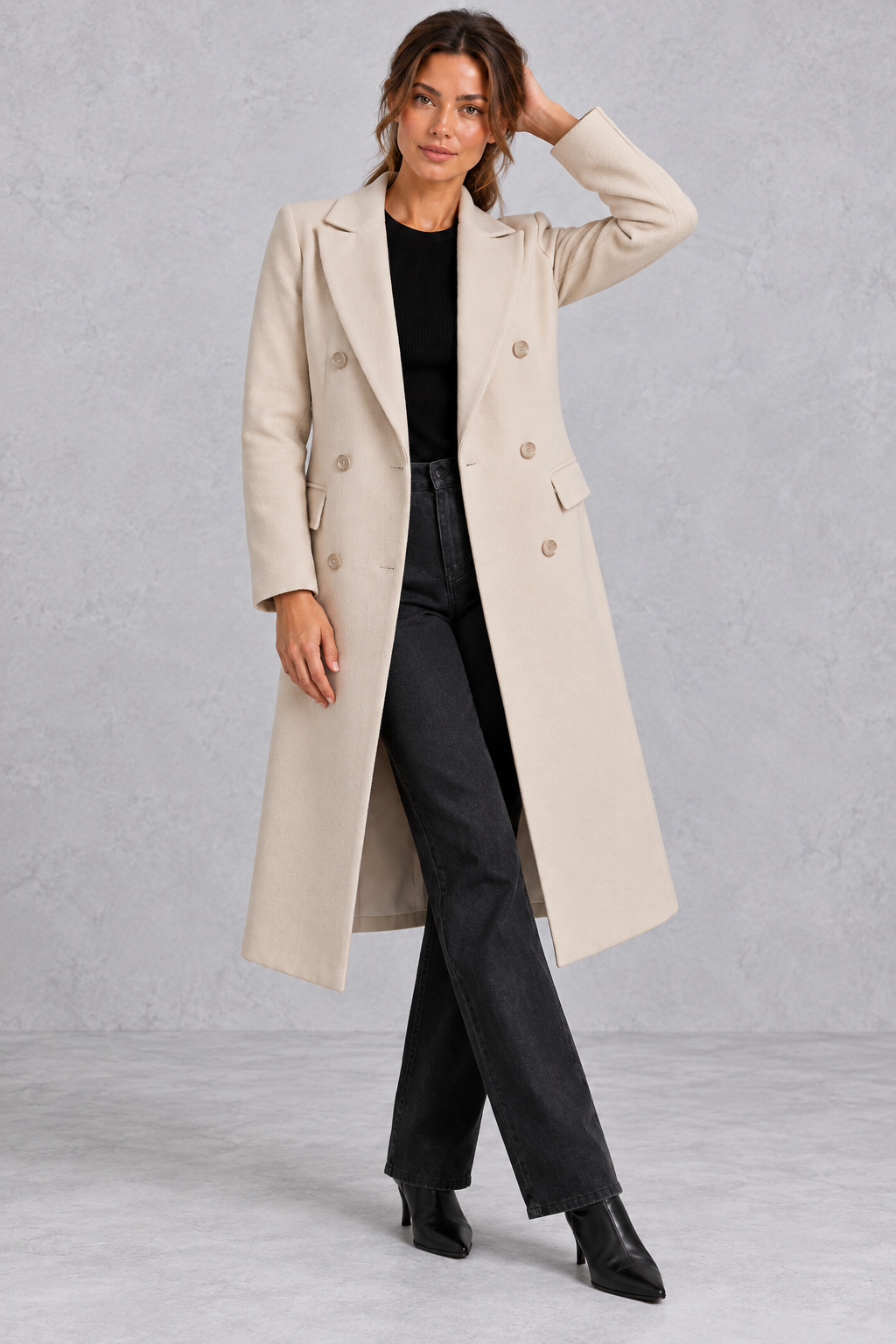 Women's double-breasted longline coat in Beige – front view