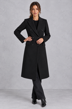Women's double-breasted longline coat in Black – front view