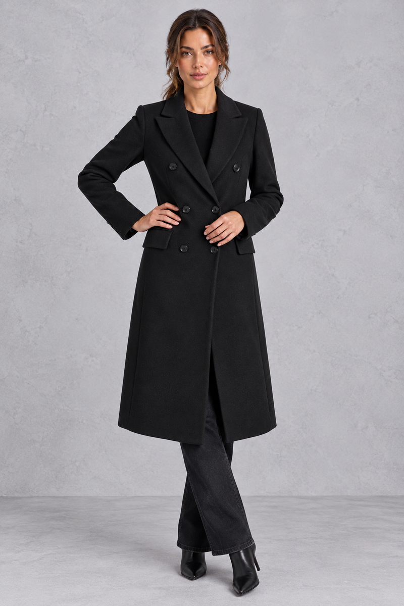 Women's double-breasted longline coat in Black – front view