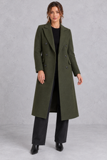 Women's double-breasted longline coat in Olive Green – front view