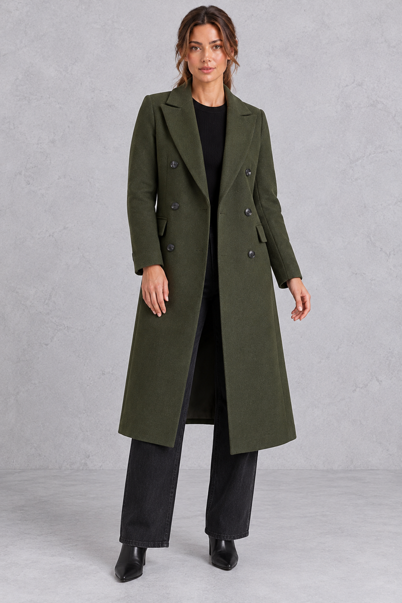 Women's double-breasted longline coat in Olive Green – front view
