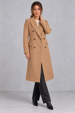Women's double-breasted longline coat in Camel – front view