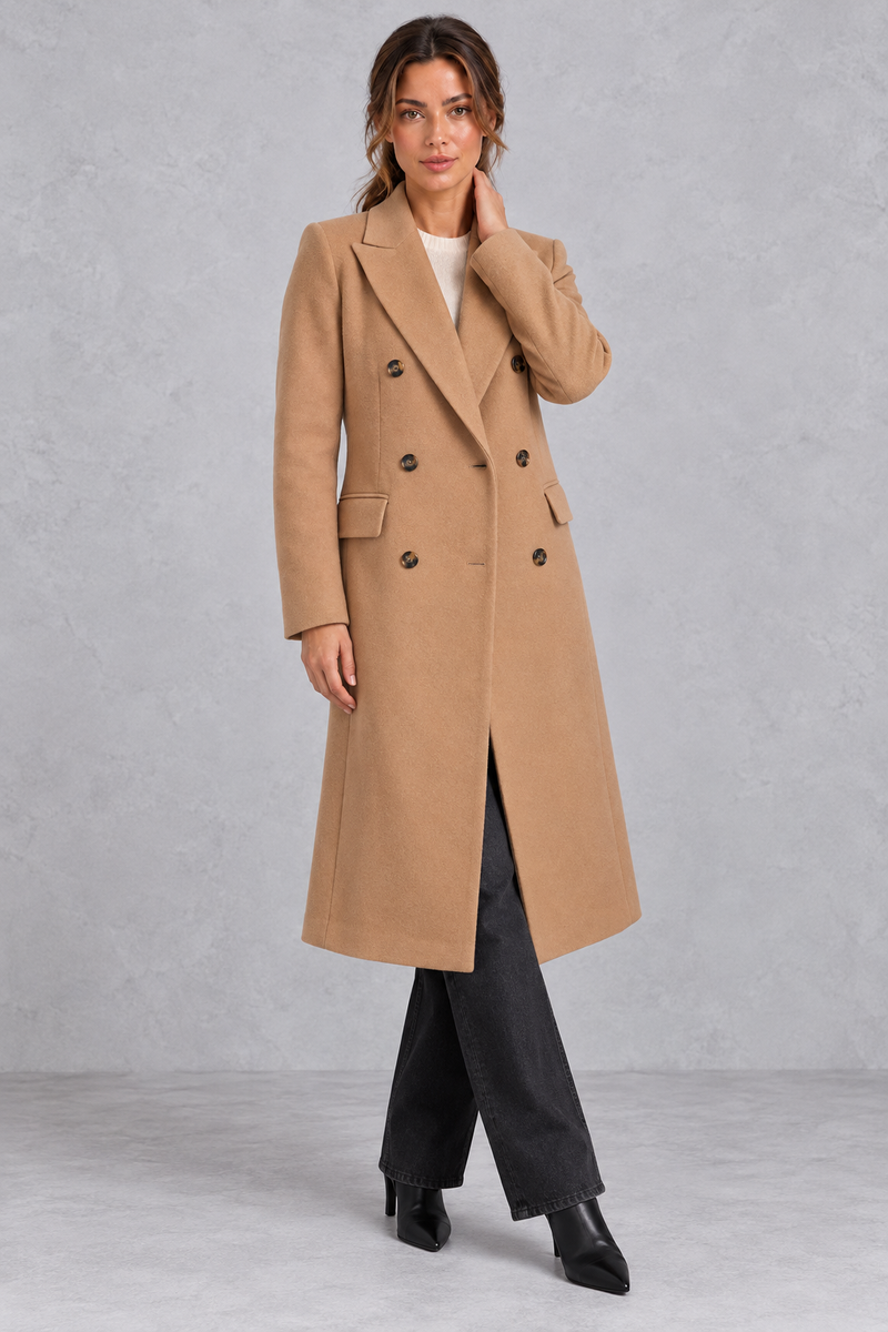 Women's double-breasted longline coat in Camel – front view