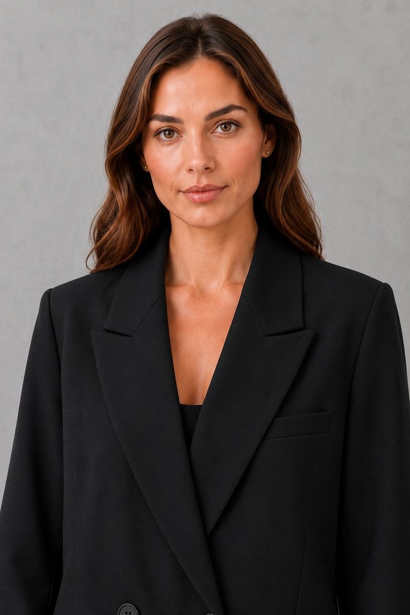 Women’s oversized double breasted blazer with wide peak lapels, structured shoulders, front patch pockets and a classic tailored silhouette.