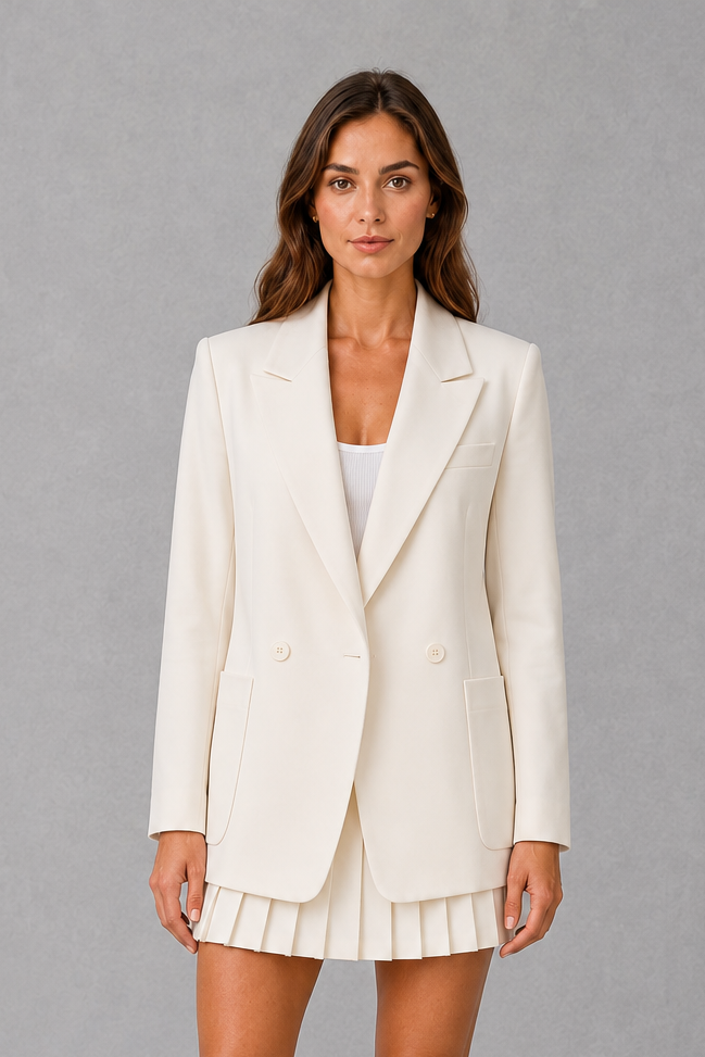 Women’s oversized double breasted blazer with wide peak lapels, structured shoulders, front patch pockets and a classic tailored silhouette.