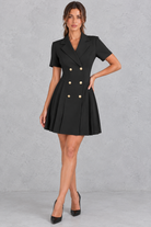 Women’s double-breasted midi dress with a smart lapel collar, short sleeves, button detailing and an elegant A-line silhouette.