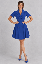 Women’s double-breasted midi dress with a smart lapel collar, short sleeves, button detailing and an elegant A-line silhouette.