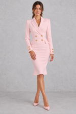 Women’s double-breasted blazer dress with a V-neckline, long sleeves and a sleek wrap-inspired tailored silhouette.