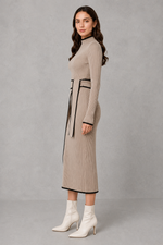 Women’s elegant draped bodycon knit midi dress with a fitted silhouette and softly gathered detailing, ideal for smart-casual and evening wear.