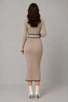 Women’s elegant draped bodycon knit midi dress with a fitted silhouette and softly gathered detailing, ideal for smart-casual and evening wear.