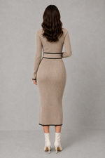 Women’s elegant draped bodycon knit midi dress with a fitted silhouette and softly gathered detailing, ideal for smart-casual and evening wear.