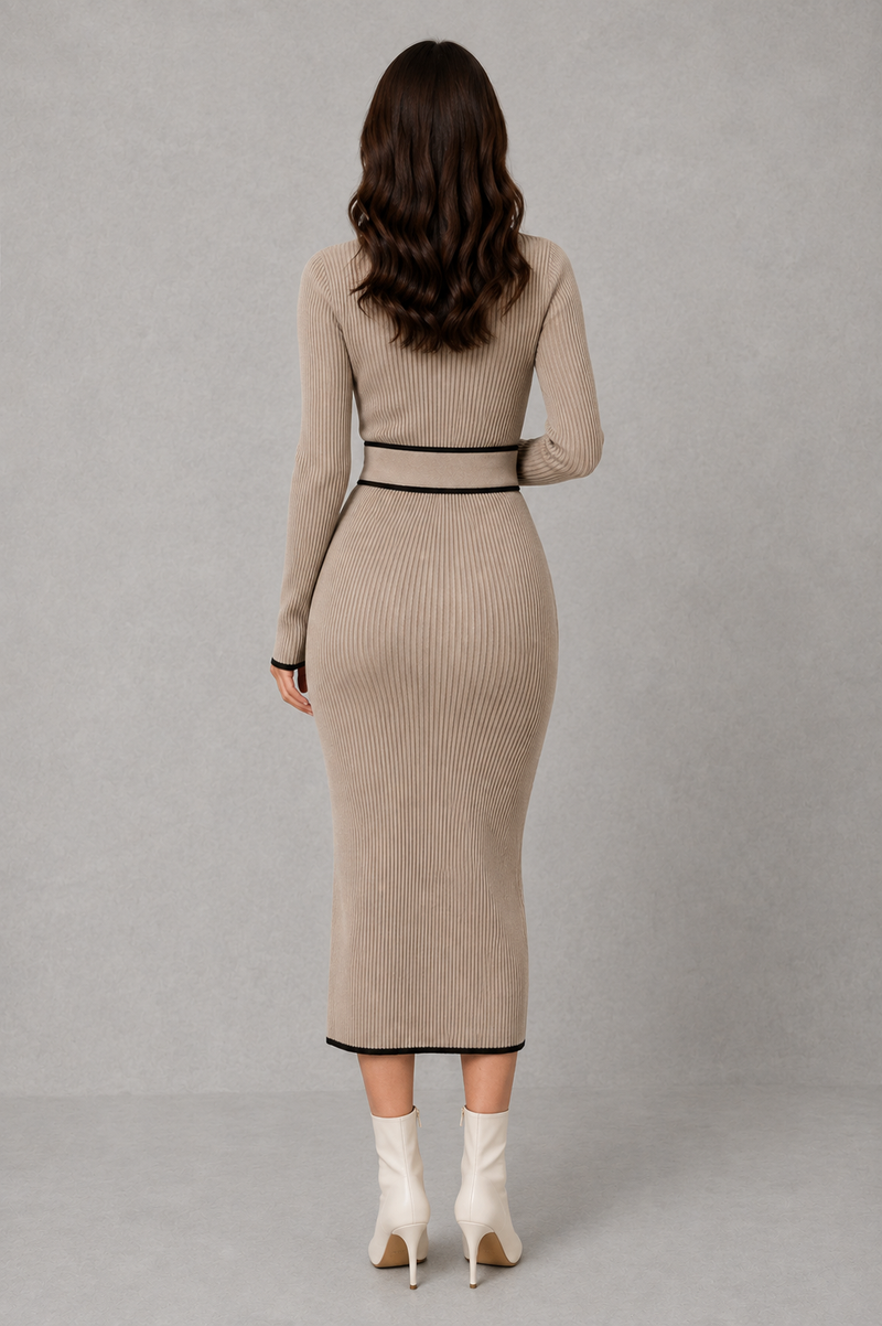 Women’s elegant draped bodycon knit midi dress with a fitted silhouette and softly gathered detailing, ideal for smart-casual and evening wear.