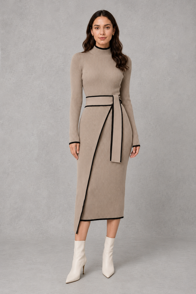 Women’s elegant draped bodycon knit midi dress with a fitted silhouette and softly gathered detailing, ideal for smart-casual and evening wear.