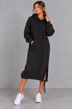 Women's black hooded sweatshirt midi dress with side split – front view