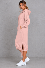 Women's pink hooded sweatshirt midi dress with drawstring hem – side view