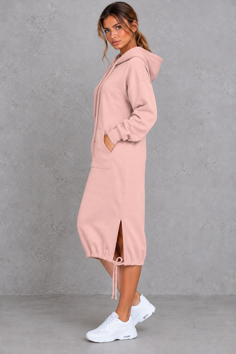 Women's pink hooded sweatshirt midi dress with drawstring hem – side view