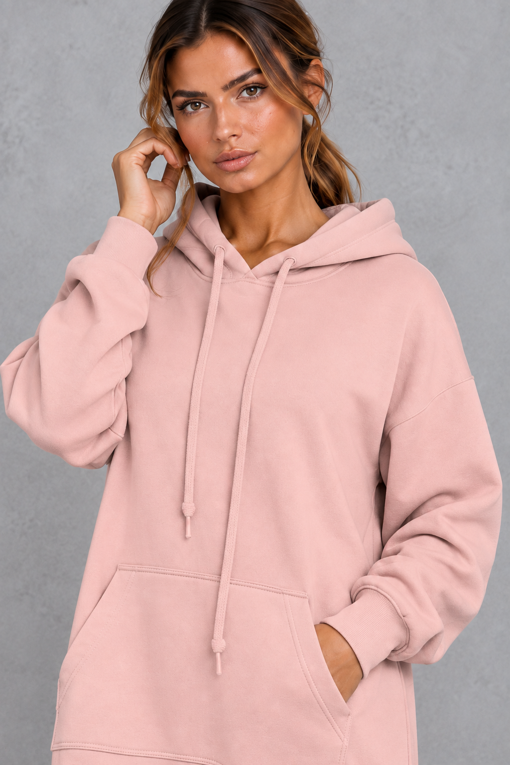 Women's pink hooded sweatshirt dress – close-up of drawstring hood and pouch pocket