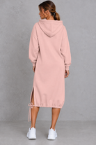 Women's pink hooded sweatshirt midi dress with side split – back view