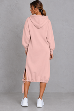 Women's pink hooded sweatshirt midi dress with side split – back view