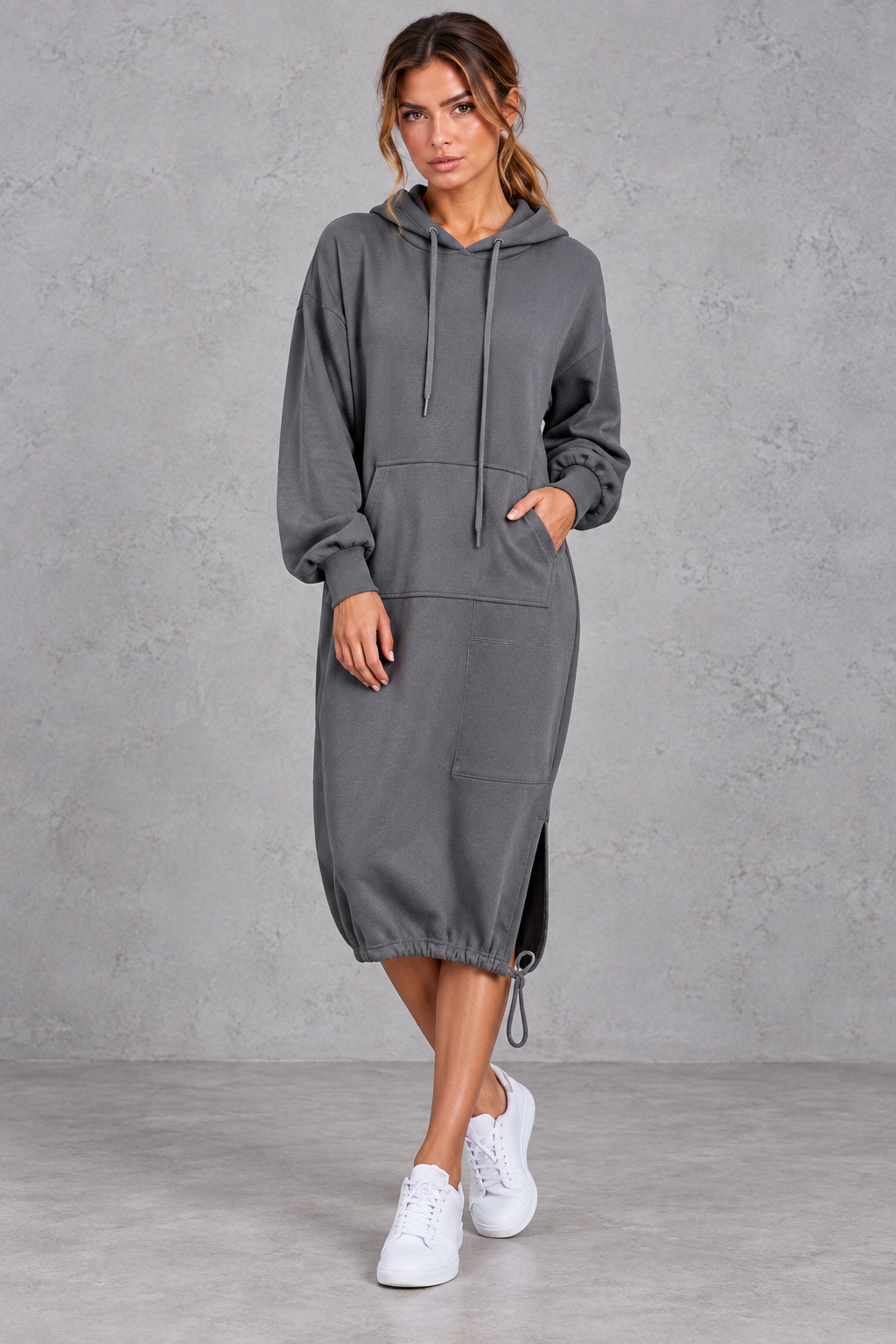 Women's grey hooded sweatshirt midi dress with side split – front view