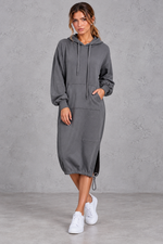 Women's grey hooded sweatshirt midi dress with side split – front view