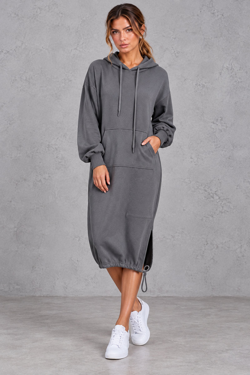 Women's grey hooded sweatshirt midi dress with side split – front view