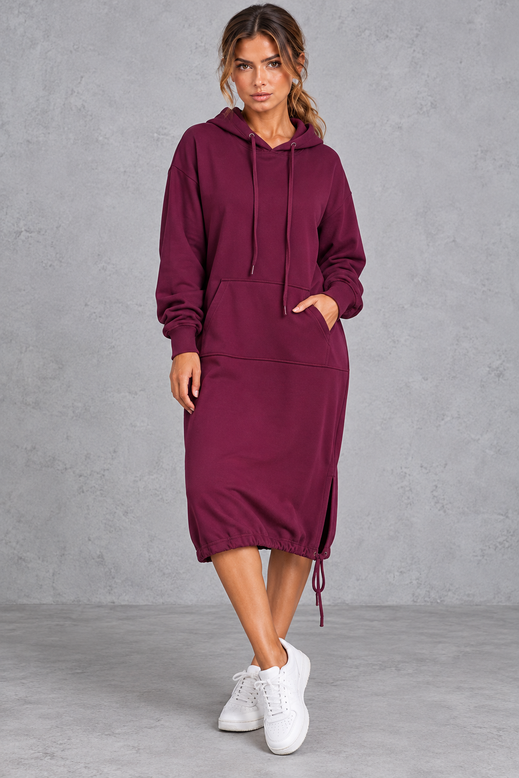 Women's wine red hooded sweatshirt midi dress with side split – front view