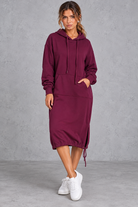 Women's wine red hooded sweatshirt midi dress with side split – front view