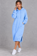 Women's sky blue hooded sweatshirt midi dress with side split – front view