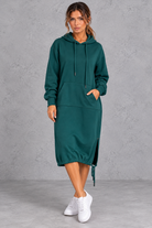 Women's green hooded sweatshirt midi dress with side split – front view